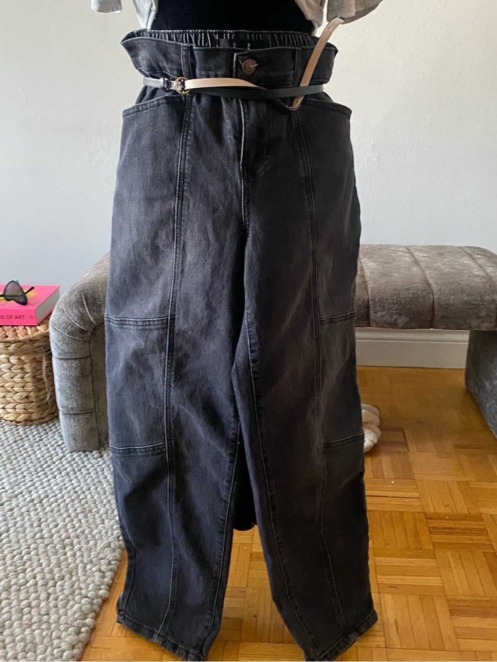 High-Waist Black barrel leg Denim  front  +back pocket
